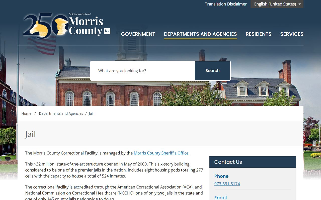 Morris County jail landing page with correctional facility overview