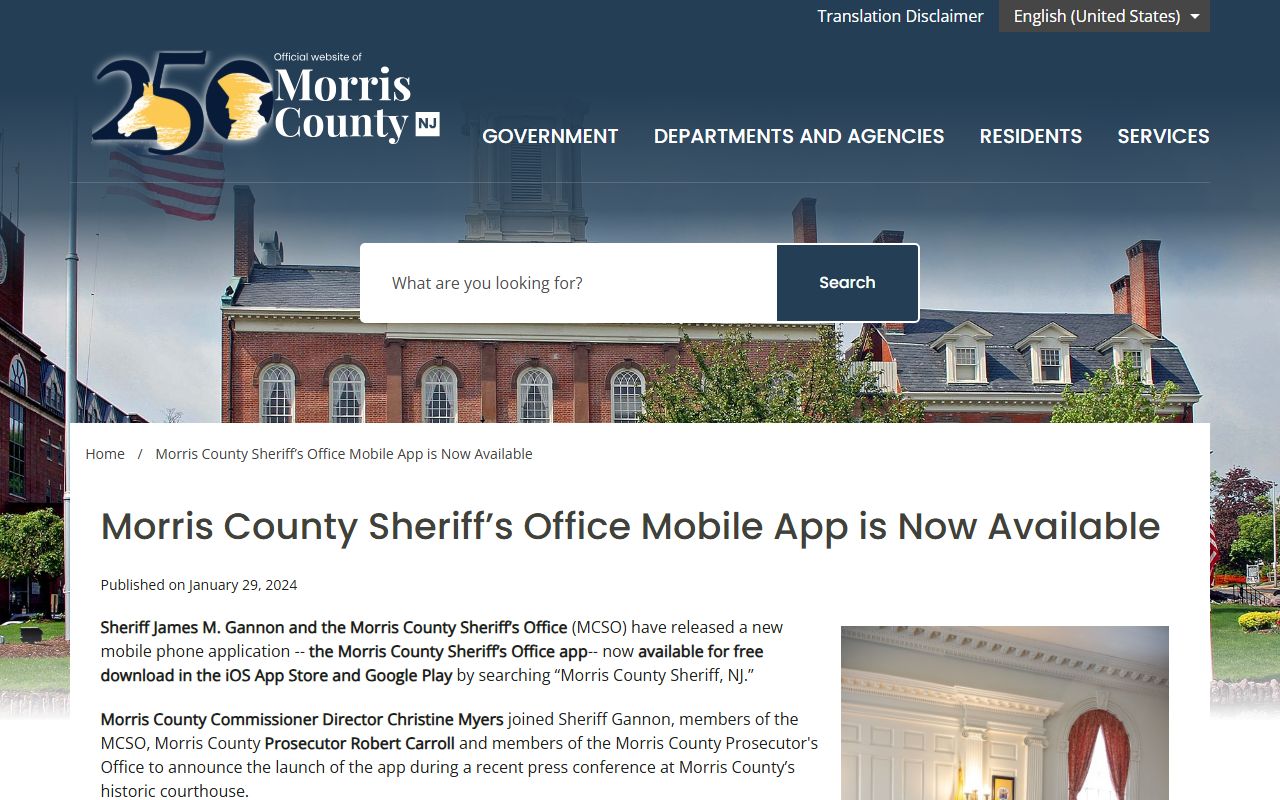 Morris County Sheriff's Office mobile app announcement with Inmate Information feature