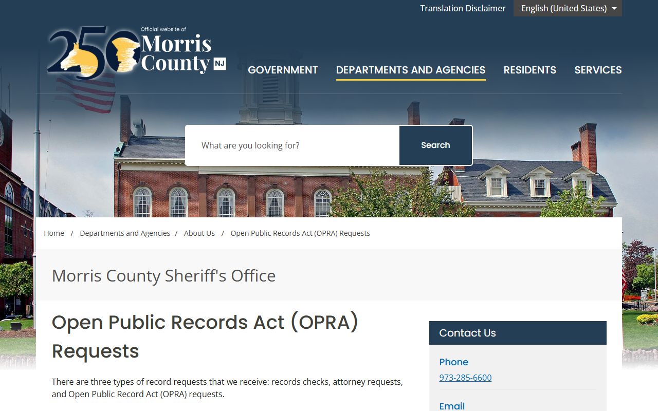 Morris County inmate records OPRA request page