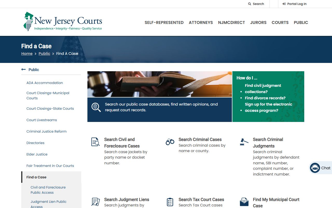 NJ Courts Find a Case page for public criminal judgment searches